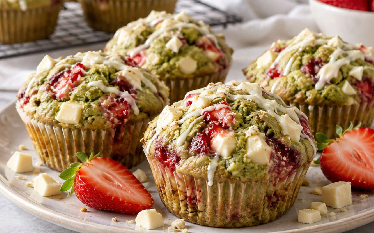 Matcha, Strawberry & White Chocolate Muffins